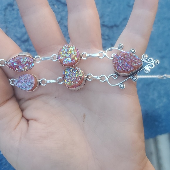 New Rough Peach Titanium Druzy Heart Shaped 925 Silver Necklace. - Picture 9 of 10